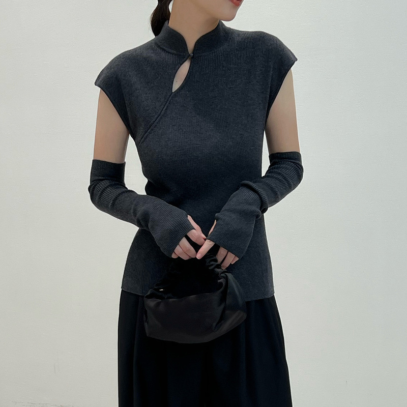 Thirteen Lines Autumn and Winter Wool Blended National Style Stand Collar Knitted Sweater Women's Sleeveless Shoulder Base Sweater with Cuffs for Autumn and Winter Thirteen Lines Autumn and Winter Wool Blended National Style Stand Collar Knitted Sweater Women's Sleeveless Shoulder Base Sweater with Cuffs for Autumn and Winter