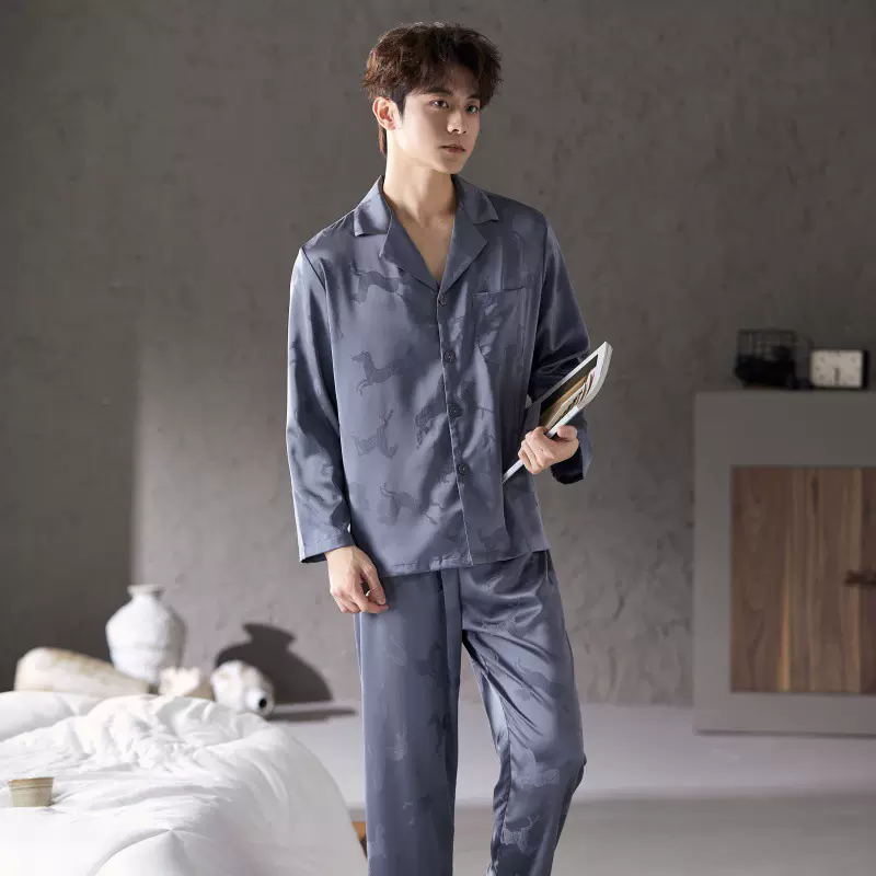 男士丝绸睡衣春秋款长袖冰丝宽松大码男款可外穿休闲大码家居服夏