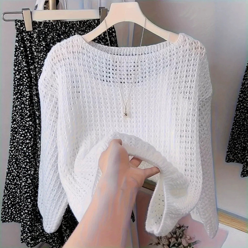 Long-Sleeved Top, Lazy Style, Thin Hollow-Out Knitted Blouse for Women, New Spring and Summer Style, Slimming Blouse, Thin Top