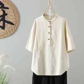 实拍 新中式女装国风立领套头盘扣上衣春棉麻文艺禅意茶服衬衫