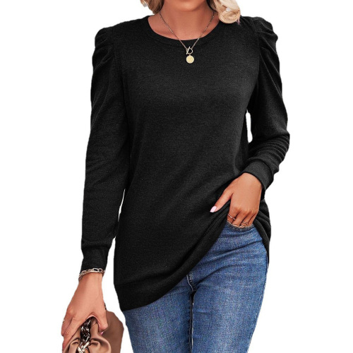 Women's Loose Round Neck Pleated Long Sleeve Solid Color T-Shirt Top for Autumn and Winter in Europe and America
