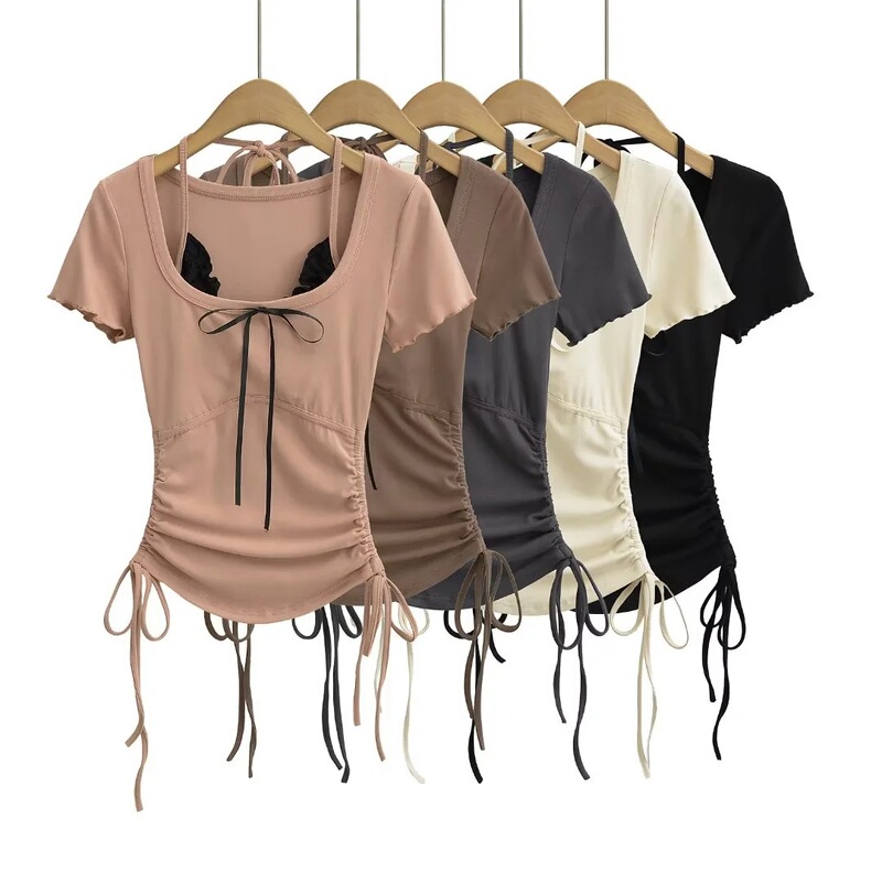 Summer Women's New Slim-fit Stretch Bag Chest Side Drawstring Pleated Wood-ear Short-sleeved Top Fake Two-piece T-shirt