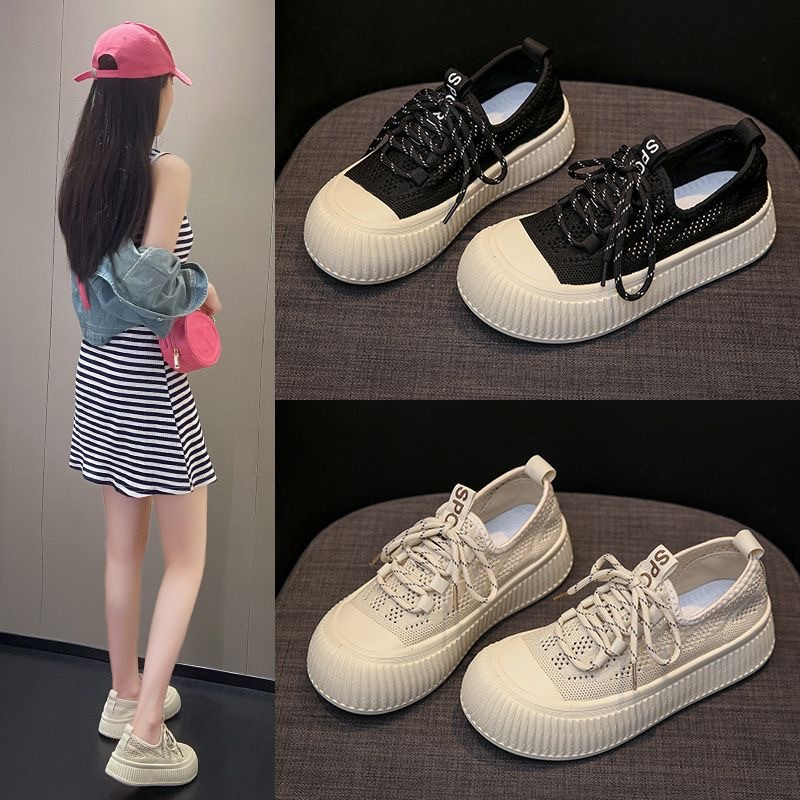 Zapatos de mujer 2025 primavera y verano nuevos zapatos de malla transpirables con suela gruesa de un zapato de tela delgada de galletas zapatos de lona