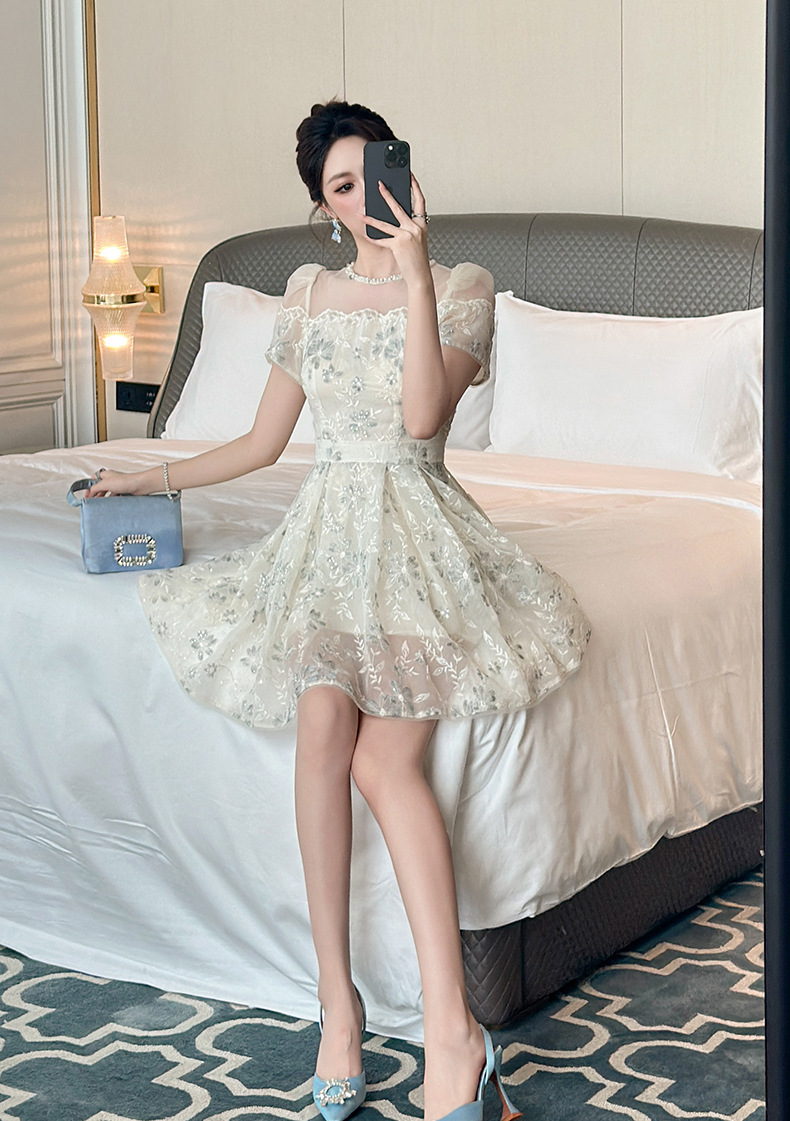 Váy đầm nữ cổ tròn phối lưới ren thêu sequin thắt eo — mơ chi tiết 6