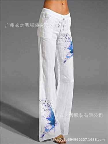  Amazon Wish Cross-border Independent Station Bestselling Retro Cotton Linen Belted Wide-leg Women's Pants