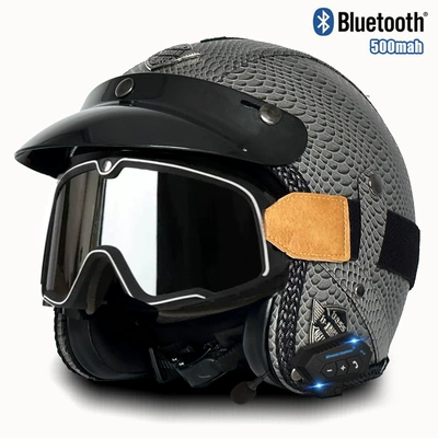 helmet electric car riding 3/4, Motosiklet kaskı (dəbilqə) - v-gray-fish-pattern-large-frame-goggles-bluetooth-s