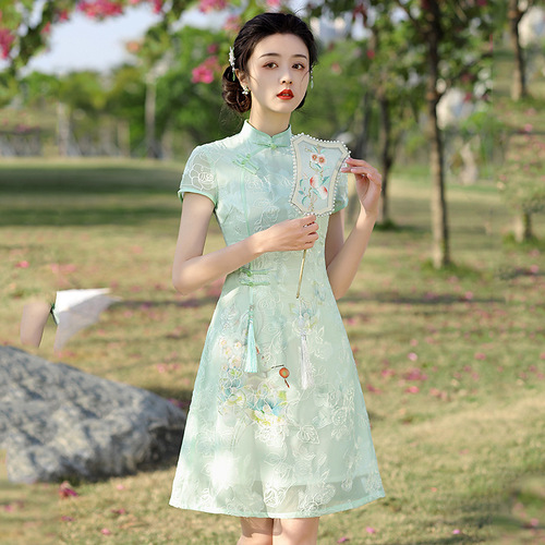 Chiffon jacquard cheongsam Chinese Dresses Cheongsam for women long pure and fresh apricot three points daily girl dress