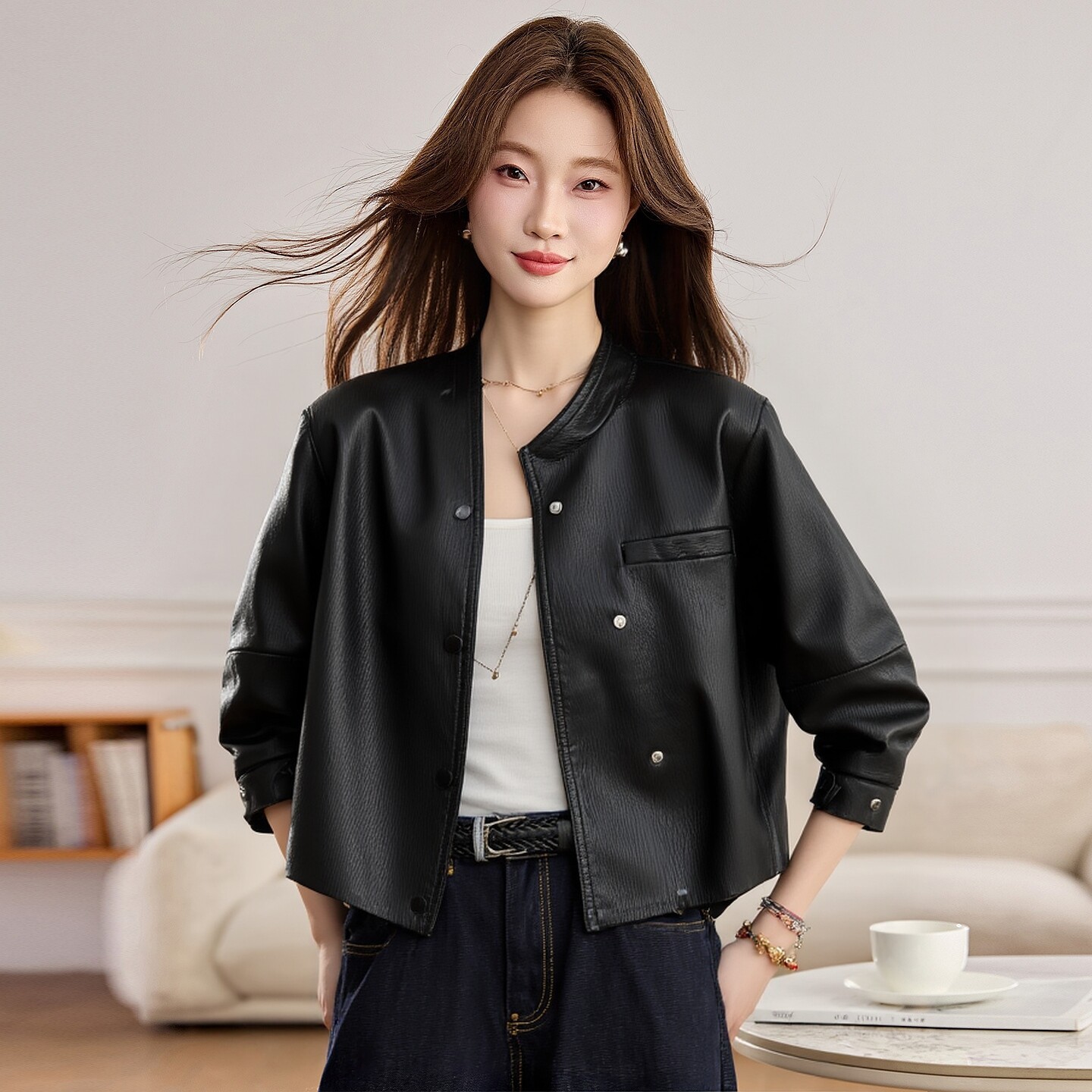 海宁绵羊皮皮衣外套女2026春秋时尚不规则斜扣洋气机车潮牌皮夹克