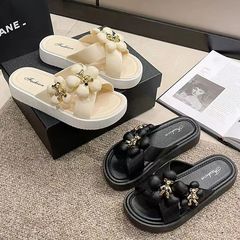 Summer New Women's Fashionable Matchable Thick Sole Slimming Korean Version Ins Trend Floral Outdoor Slippers Little Chiffon