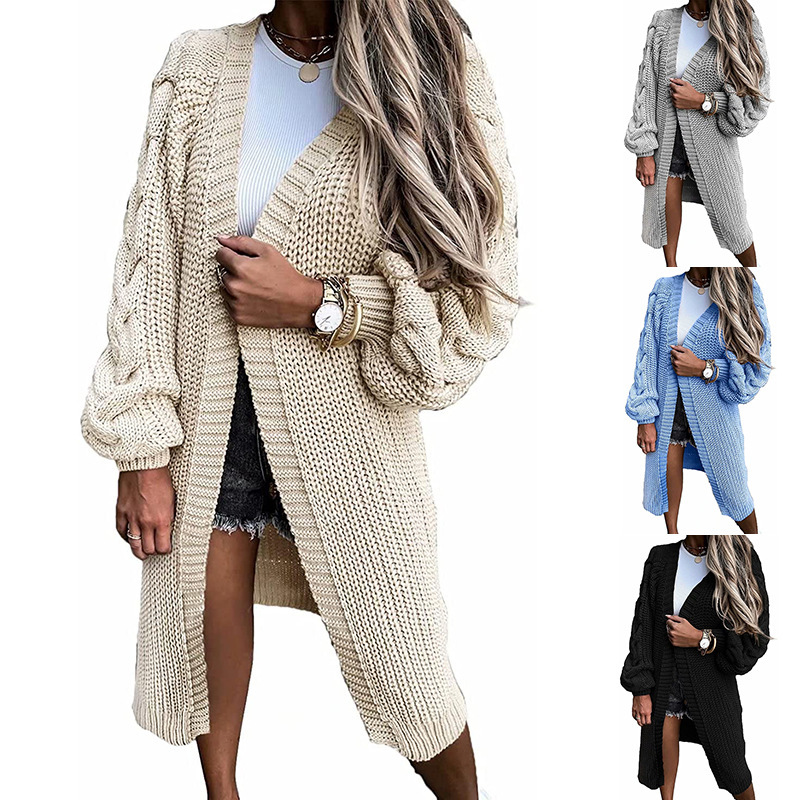 Women's lantern sleeve knitted twist cardigan coat autumn and winter new sweater coat_voghion.com