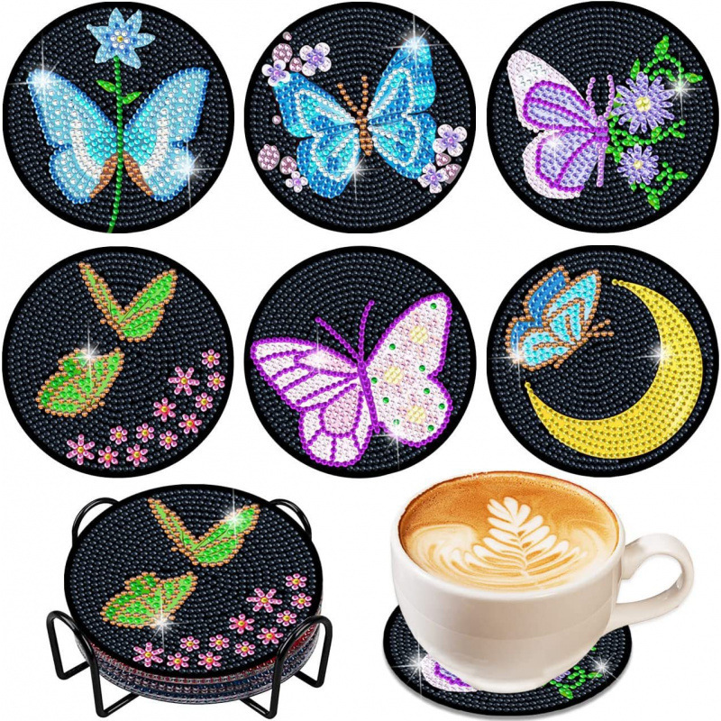 Ventas transfronterizas calientes de 8 piezas de conjunto de cojín de taza de arte de diamante, con soporte, pequeño conjunto de pintura de diamante, adecuado para adultos