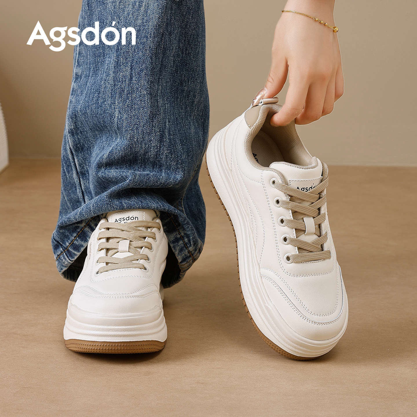 Augu Shi Deng zapatos blancos para mujeres 2025 nuevo otoño y invierno muffin de suela gruesa zapatos casuales al aire libre zapatos de skate blancos