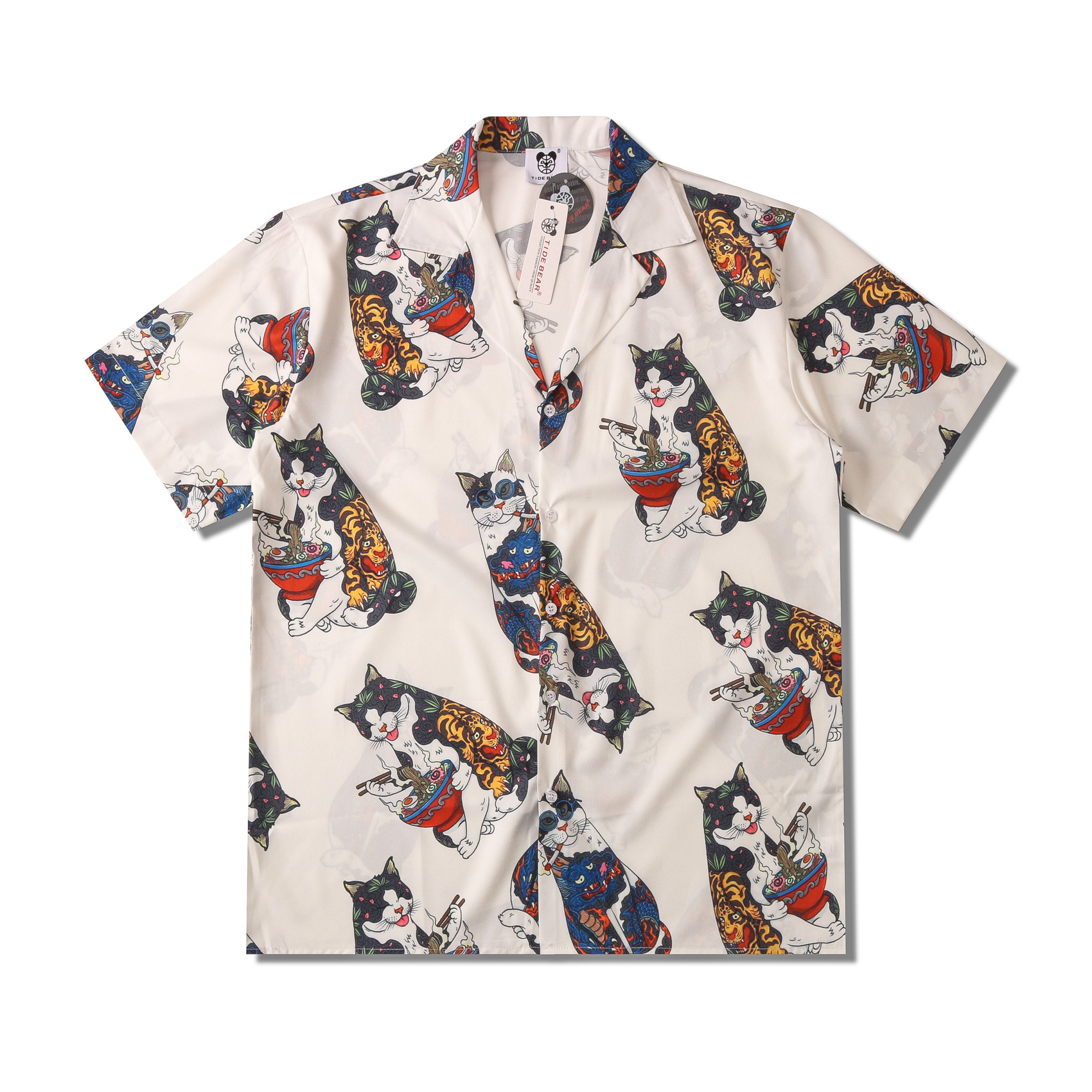Camisa informal de manga corta con cuello solapa, holgada, con estampado digital de gato de la suerte, estilo cárdigan de marca de moda para parejas, ideal para el verano y el comercio exterior.