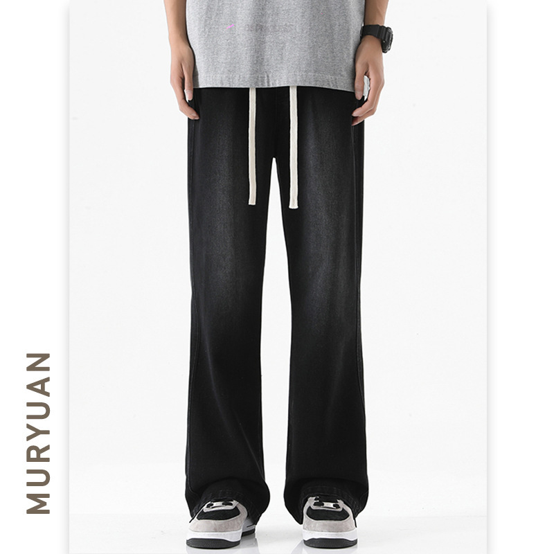 Mu Yuan Men's Elastoelastic Waist Slimmer Jeans Men's Hong Kong-style Washed Straight-leg Thin Tall Horn Long Pants Mu Yuan Men's Elastoelastic Waist Slimmer Jeans Men's Hong Kong-style Washed Straight-leg Thin Tall Horn Long Pants