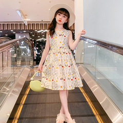 女童夏季全棉連衣裙碎花純棉公主長裙腰帶收腰田園風暑假旅遊度假