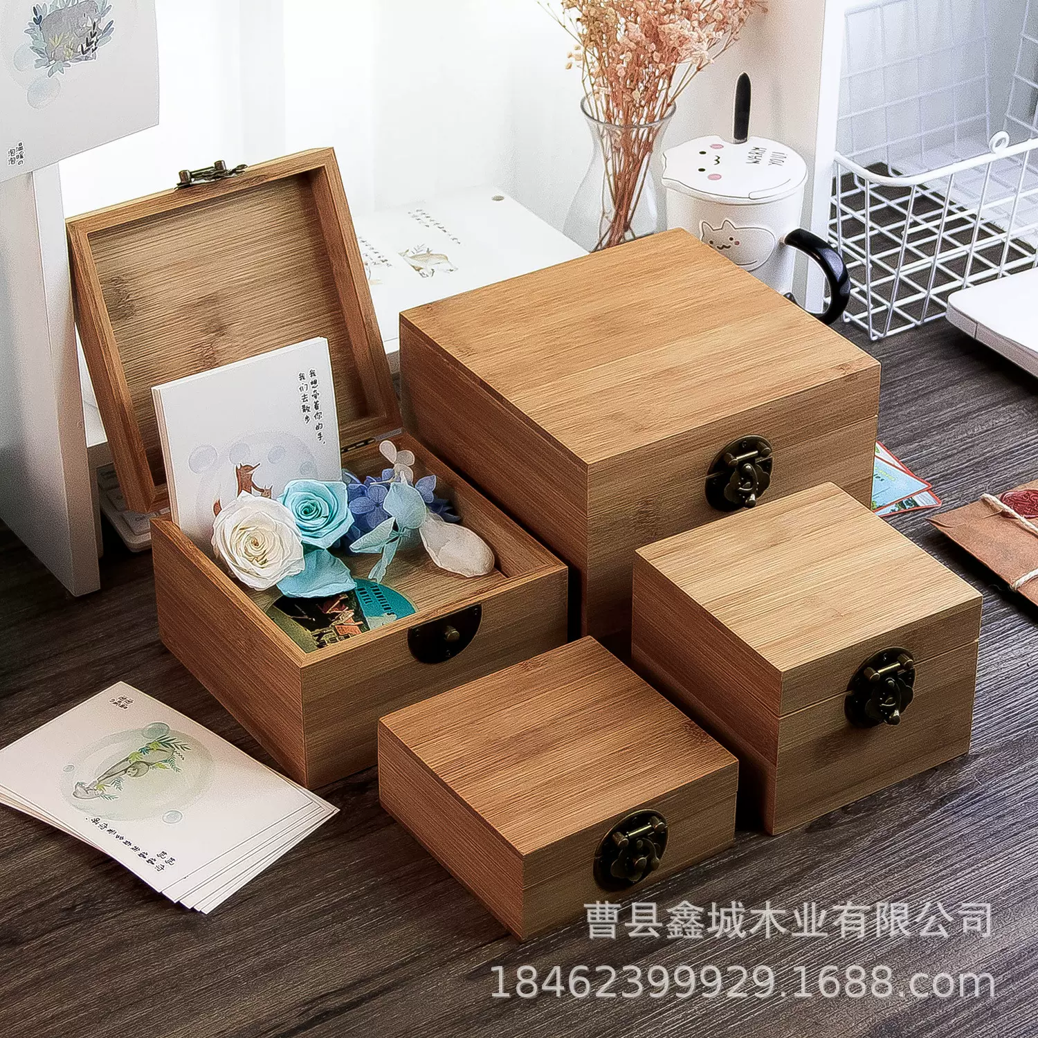 竹木带锁正方形收纳木盒 家居散茶收纳包装盒 生日礼物包装木盒