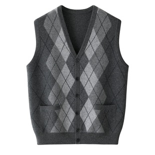 Men's V-neck rhombus double-lift padded wool vest 100 pure cashmere cardigan vest sleeveless men's waistcoat cashmere vest