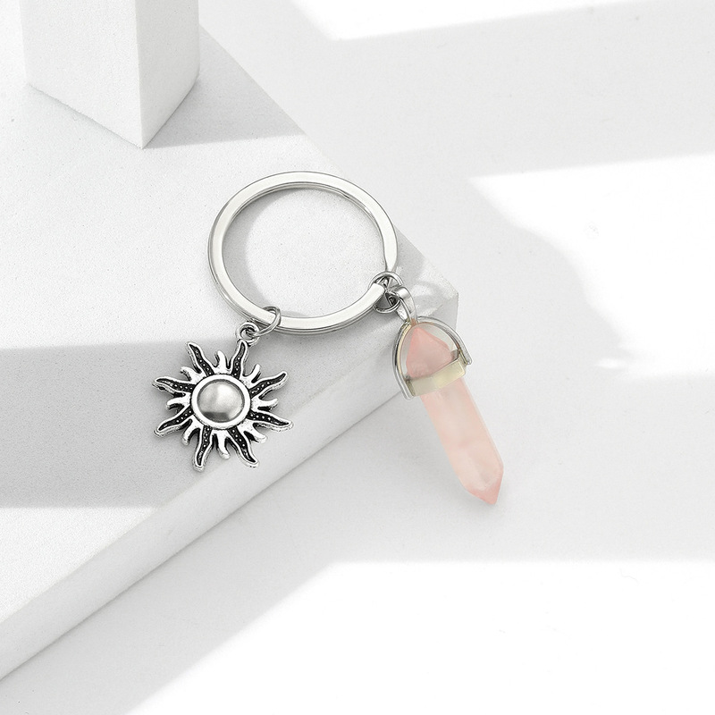 Cross-border etsy new retro sun pink crystal hexagonal column pendant keychain Christmas gift