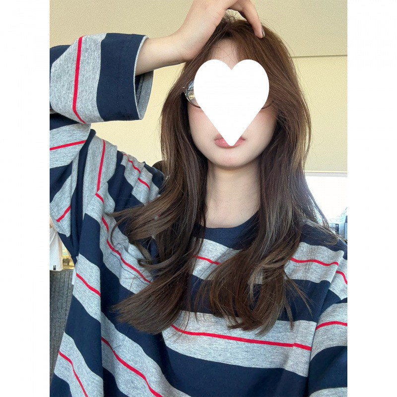 韩系百搭蓝白条纹长袖T恤女装早秋休闲宽松打底衫慵懒松弛感上衣|undefined
