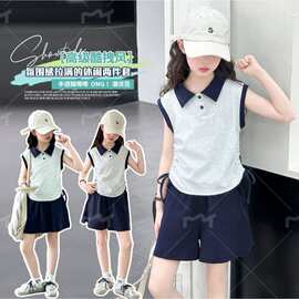 女童夏装短裤套装2026新款儿童薄款无袖Polo短袖夏季阔腿裤两件套