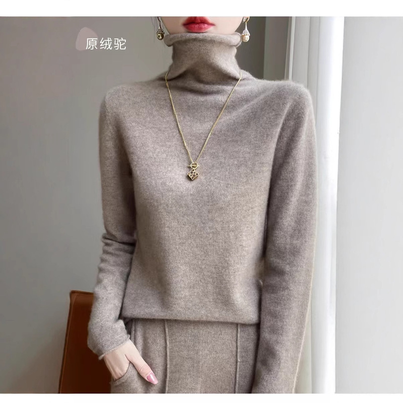 100 Wool Sweater 2024 New Arrival Roll-up Collar Women's Loose Pullover Wool Inner Knitted Base Shirt Sweater