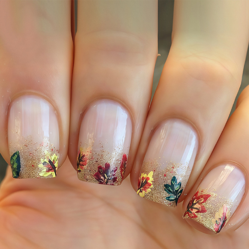 European and American Hot-Selling Gold Glitter Gradient Green Yellow Red Brown Maple Leaf Cute Sweet Girly Style Fake Nails