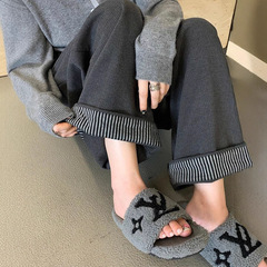 2025秋季新款深灰色呢料阔腿裤女翻边宽松百搭显瘦直筒休闲裤女