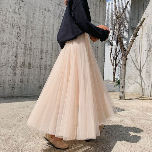 Sheer Dress Women's A-line Skirt Spring and Summer 2024 New Pure Color Slimming Midi Skirt with Net Fabric