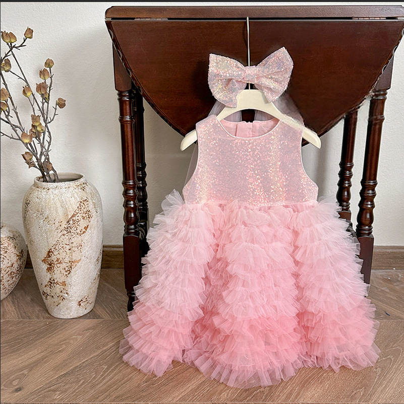 2026 Summer Girls' Dress Gradient Soft Tulle Skirt Sequined Gown Princess Chic Lace Cake Dress Wholesale
