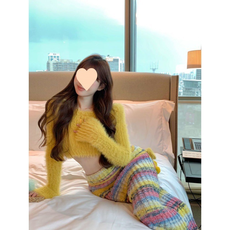 (2개) 순수한 욕망 노란 스웨터 외부 착용 슬림 핏 짧은베이스 탑 뜨거운 소녀 높은 허리 내복 여성의 가을과 겨울 스웨터