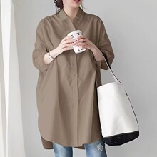卡其色2024春款韩版宽松长袖中长款休闲女装衬衫百搭衬衣大码女装