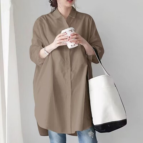 Khaki 2024 Spring Korean Style Loose Long-Sleeve Medium-Length Casual Women's Shirt Versatile Blouse Plus Size Women