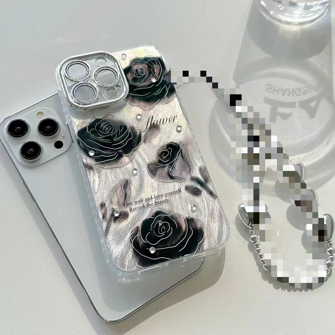 Hilo de plumas de alta calidad rosa negra para iPhone 16 cadena 15ProMax funda para teléfono móvil 12 Apple 14P mujer