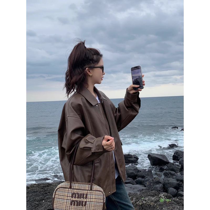 Black Leather Jacket for Women 2025 Early Autumn New Brown Petite Pu Loose High-End Lapel Leather Jacket