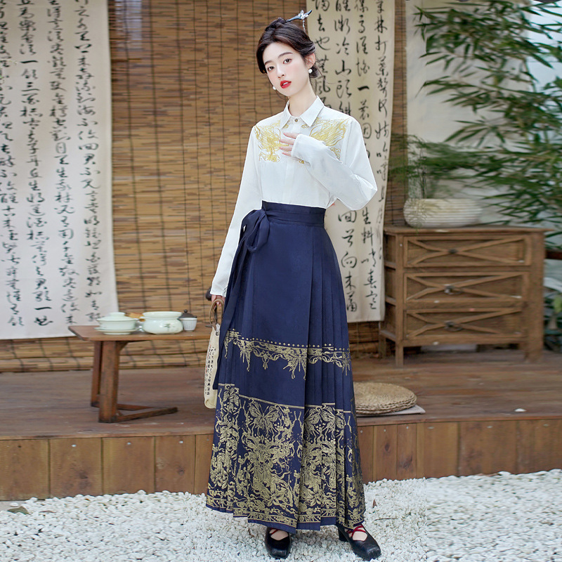 Real Shot of Phoenix Woven Gold Horse Face Skirt Suit for Women Original Airplane Sleeves New Chinoiserie National Style Daily Slimming Look Han Dynasty
