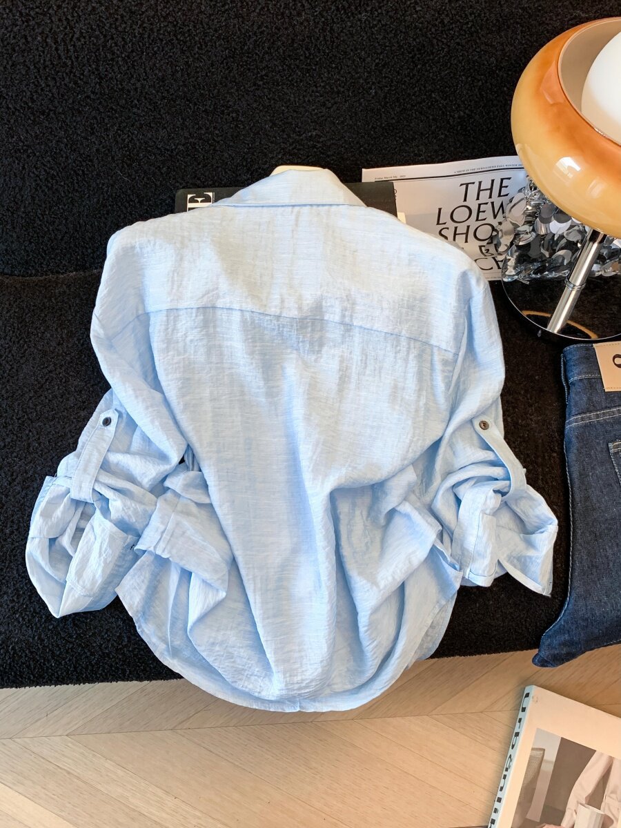 Áo sơ mi chống nắng nữ dài tay dáng rộng chất liệu linen thoáng mát — xanh lam chi tiết 18