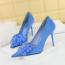 825-H27 Korean Banquet High Heels Women's Shoes with Thin Heels, Suede, Shallow Mouth, Sharp Point, Gemstone Water Diamond Bow Tie Single Shoes