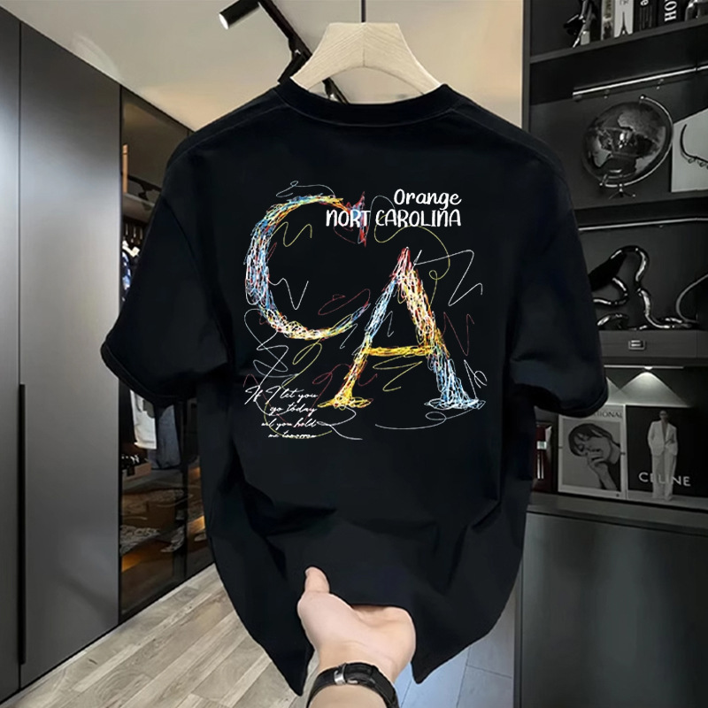 Heavyweight Trendy American-Style Personality T-Shirt with Stylish and Handsome Print for Men, Summer Round Neck Loose Short-Sleeve Handkerchief