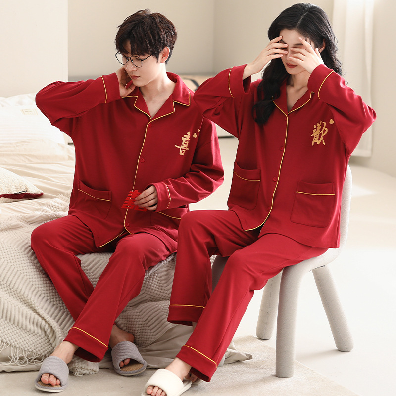 Pijamas de pareja traje de manga larga rojo Algodón mujer primavera y otoño boda de los hombres Otoño e Invierno año de nacimiento homewear