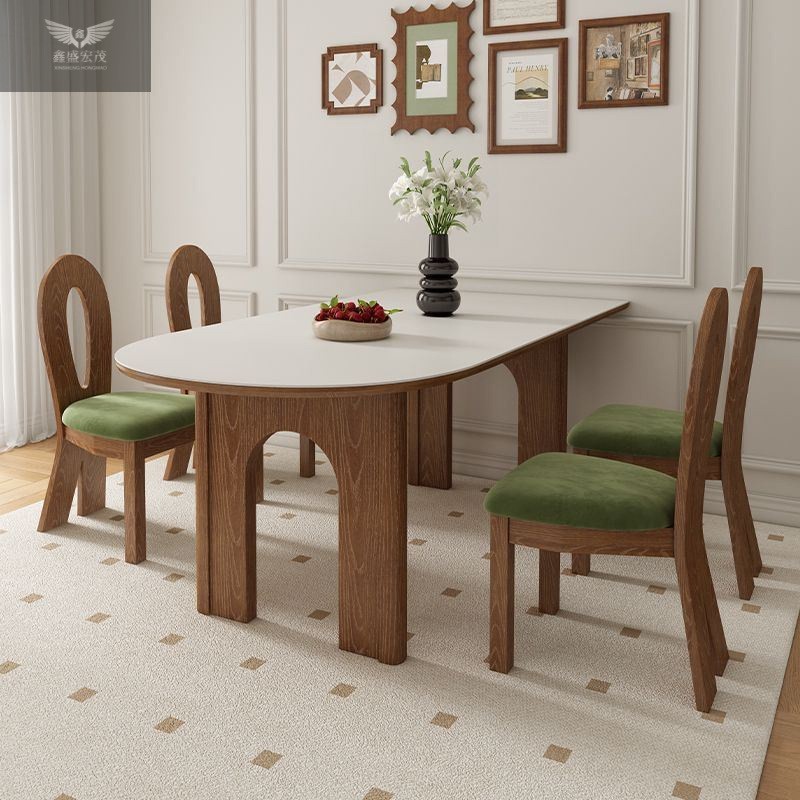 Mesa y silla de comedor de madera sólida medieval, mesa de comedor retro francesa, mesa de comedor de isla semidonda, mesa de comedor contra la pared