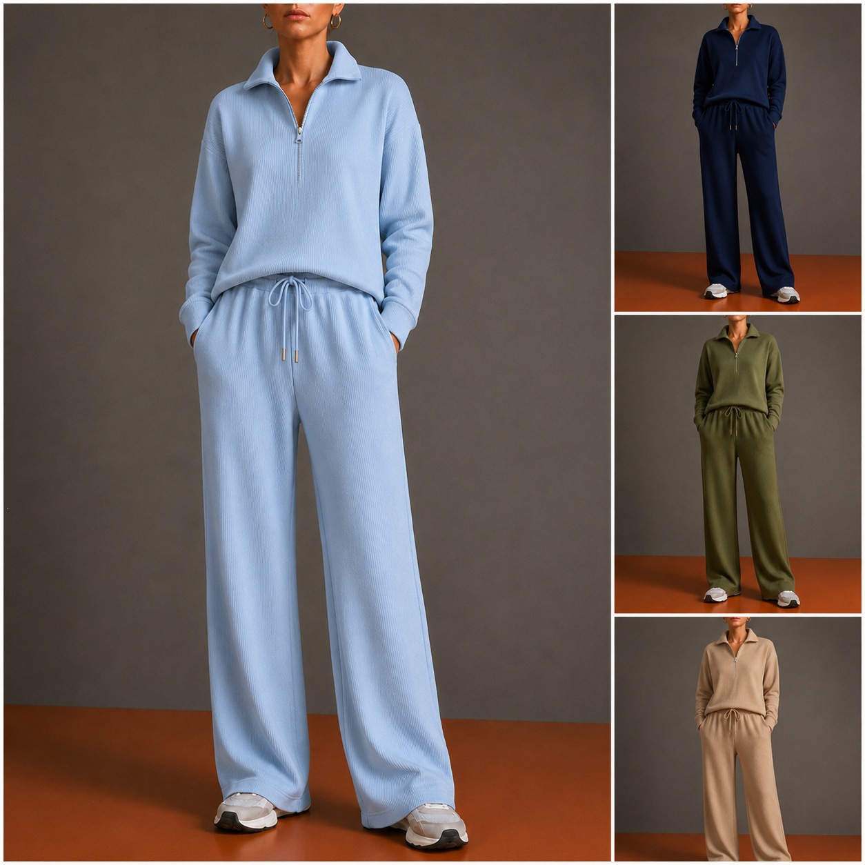 2026 Amazon's New European and American Autumn and Winter Casual Sports Suit Half-High Collar Zipper Sweatshirt Wide-Leg Pants Women's Suit