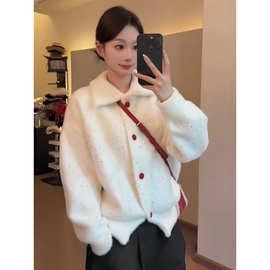 韩系慵懒风高领白色彩点针织开衫冬季新款翻领加厚毛衣外套毛衣潮