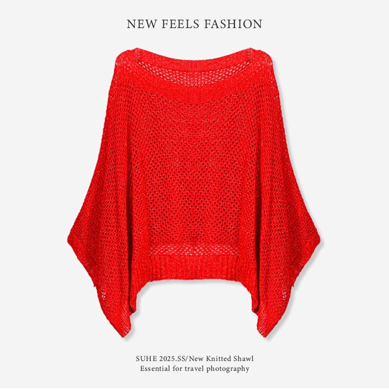 2025 New Fashion Long-sleeved Hollow Summer Knitted Sweater Pullover Sunscreen Knitted Blouse Thin Top Loose Women