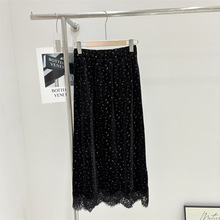 韩国订单秋冬新款丝绒印花后开叉半身裙直筒裙中长款+内衬加厚女