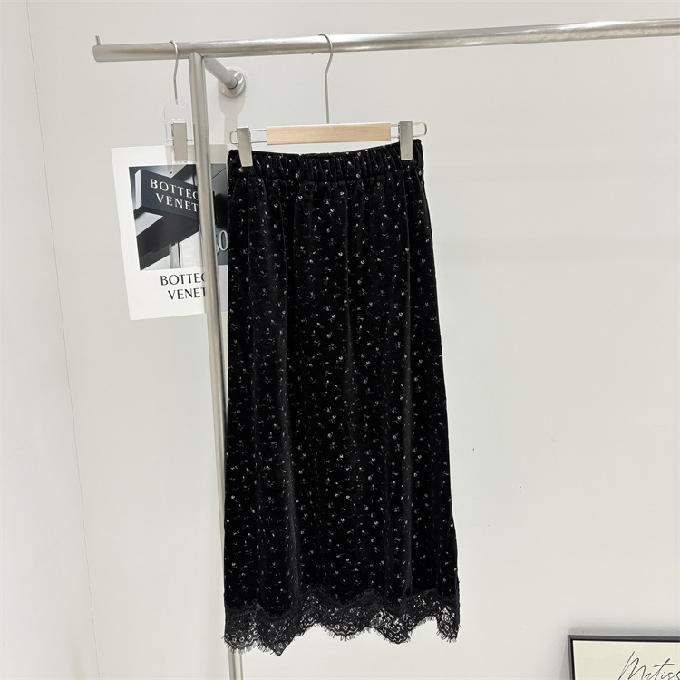 韩国订单秋冬新款丝绒印花后开叉半身裙直筒裙中长款+内衬加厚女