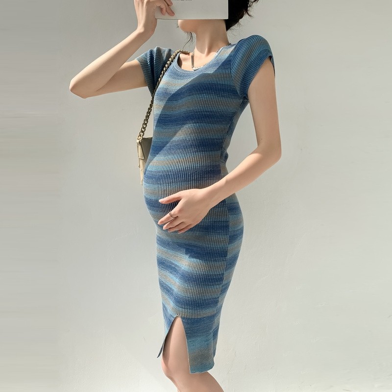 实拍夏季时尚孕妇孕妇连衣裙辣妈条纹紧身开叉羊毛针织衫