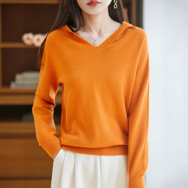 Cross-Border Style V-Neck Hooded Knit Sweater for Women, Autumn and Winter Base Layer Pullover, Loose Casual Sweater, Long-Sleeved Outerwear Top Cross-Border Style V-Neck Hooded Knit Sweater for Women, Autumn and Winter Base Layer Pullover, Loose Casual Sweater, Long-Sleeved Outerwear Top
