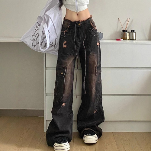 American retro washed frayed workwear jeans for women, high street straight-leg loose and slimming wide-leg floor-length pants, trendy