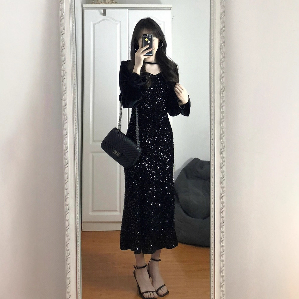 Plus Size French Black Sequined Velvet Fishtail Dress for Women in Autumn and Winter, High-End, Accessible Luxury, Birthday Dress
