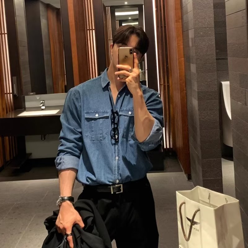 Washed Old Denim Shirt Men's Spring Korean-style Loose High-grade Long-sleeved Work Shirt
